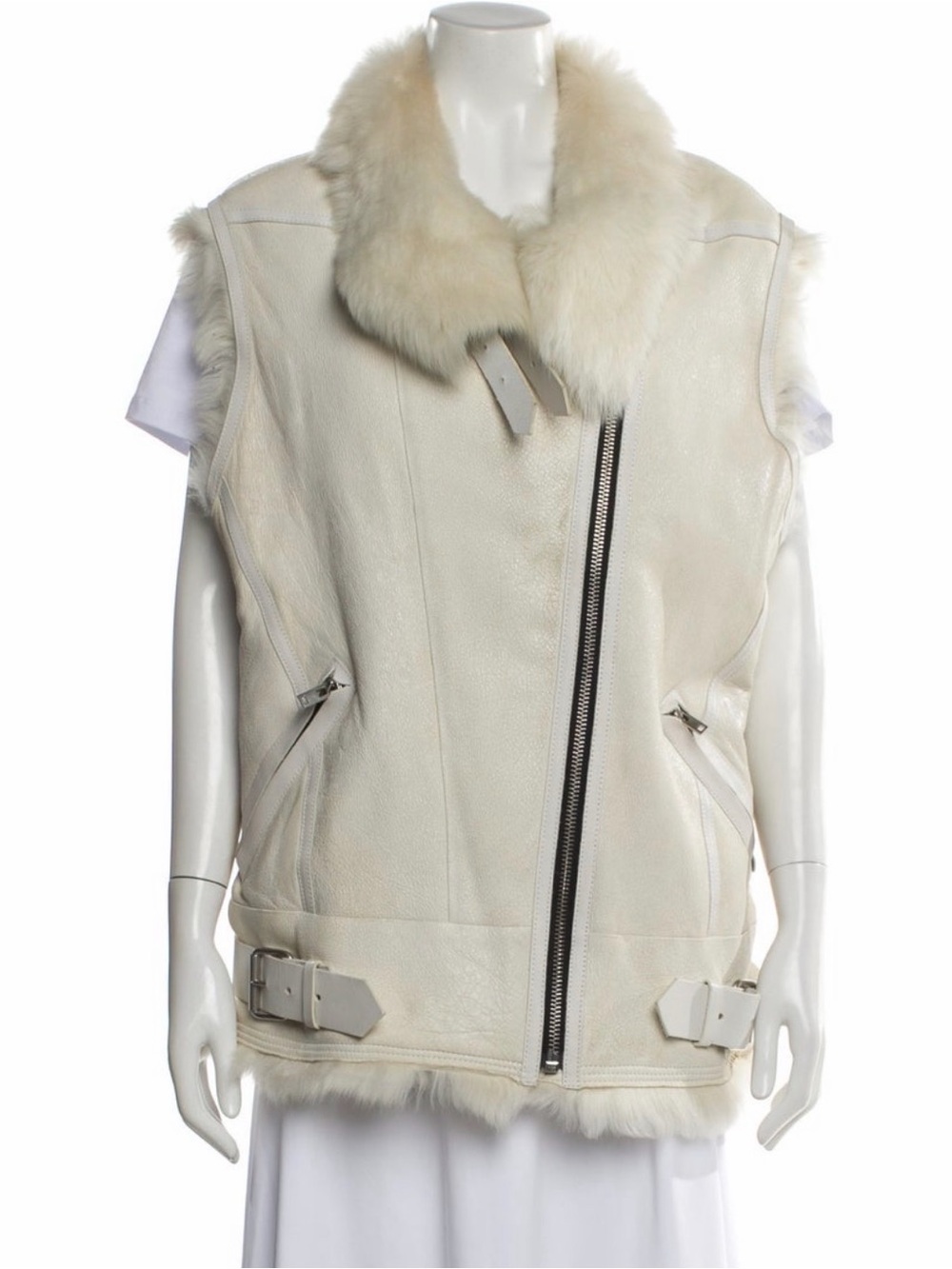 IRO Courtney 100% Lamb Shearling Moto Vest Ivory Cream Size 42 US 10